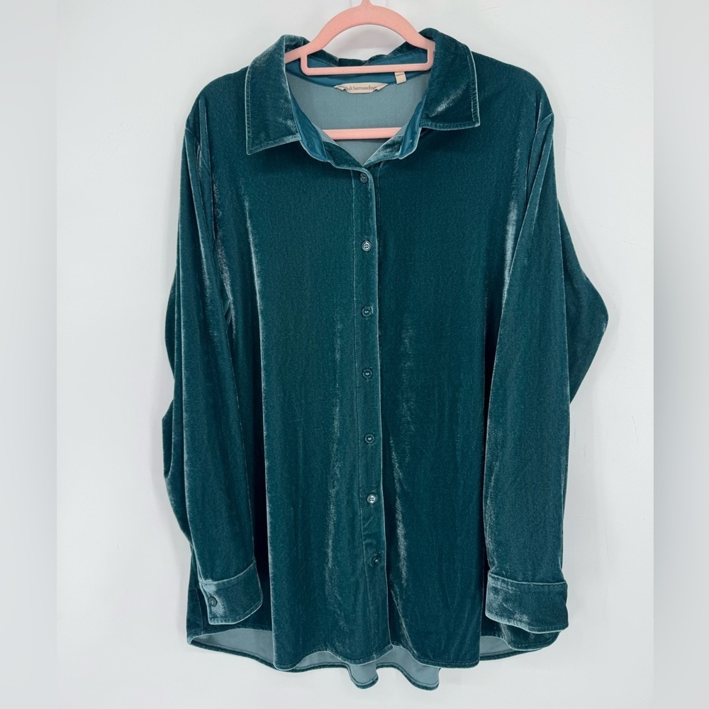 Soft Surroundings Women's Teal Velvet ButtonDown Long Sleeve Tunic Shirt Size 1X